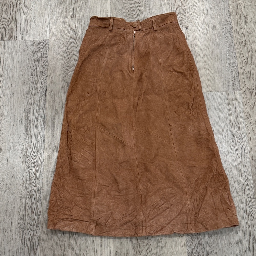 Sezane Meliora Camel Brown A-Line Suede Goat Leather Midi Skirt